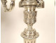 Pair of Louis XVI three-light candelabra, silver-plated metal candlesticks with knots, 18th century