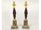 Pair of bronze candlesticks depicting female caryatids, Egyptian style, marble, 19th century