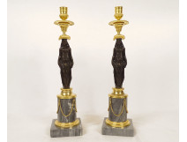 Pair of bronze candlesticks depicting female caryatids, Egyptian style, marble, 19th century
