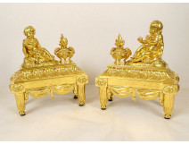 Pair of Louis XVI gilt bronze andirons with draped acanthus ram children, 18th century