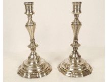 Pair of Regency style silver-plated metal candlesticks, early 20th century
