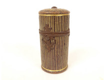Cylindrical travel case for perfume, gilded leather, iron, 18th century