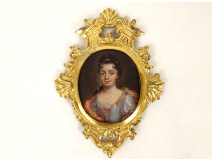 Miniature oval portrait of a woman, high-quality bronze frame, rocaille style, Louis XV, 18th century