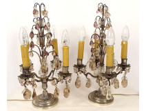 Pair of 4-light silvered bronze candelabra with fruit-colored crystal drops, 19th century