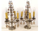 Pair of 4-light silvered bronze candelabra with fruit-colored crystal drops, 19th century