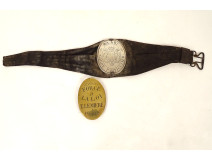 Armband with 2 metal gamekeeper plates, Lemiere Paris coat of arms, 19th century