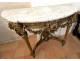 Louis XVI half-moon console table in gilt wood with coat of arms, heraldic shield, flowers, and marble, 19th century