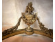 Louis XVI half-moon console table in gilt wood with coat of arms, heraldic shield, flowers, and marble, 19th century