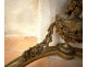 Louis XVI half-moon console table in gilt wood with coat of arms, heraldic shield, flowers, and marble, 19th century