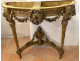 Louis XVI half-moon console table in gilt wood with coat of arms, heraldic shield, flowers, and marble, 19th century