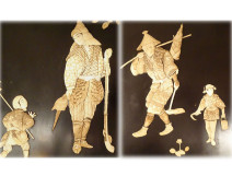 Pair of lacquered wood panels with Shibayama marquetry figures, Japan Meiji period, 19th century