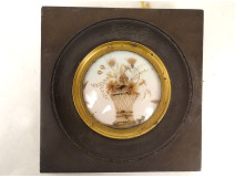 Miniature framed hair work souvenir basket of flowers Napoleon III 19th century