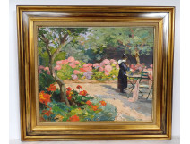 HSC painting Henry Vollet Breton woman knitting hydrangea flowers Brittany 20th century