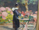HSC painting Henry Vollet Breton woman knitting hydrangea flowers Brittany 20th century