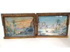 Paire tableaux gouaches orientalistes paysages Oued Oasis Algérie Atlas XXè