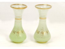 Pair green opaline vases with gilt decoration and plant, when Charles X, XIX
