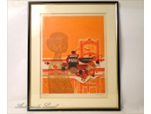 Female Portrait Abstract lithography Fruits Menguy 20th