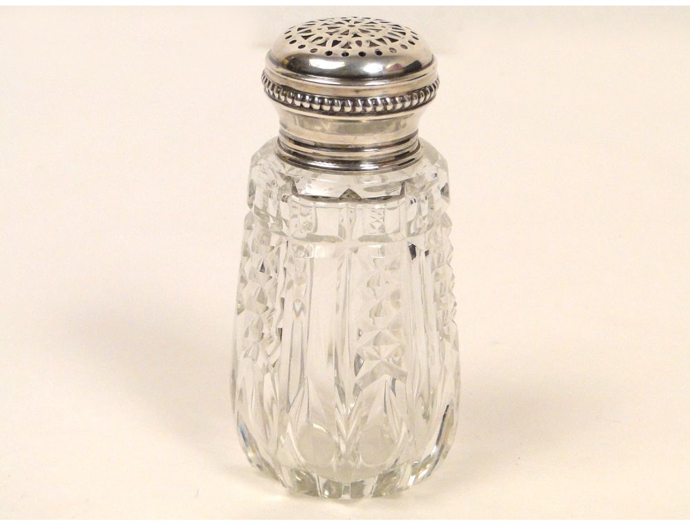 Saupoudreuse ancienne - corps verre ou cristal - bouchon argent massif minerve - Arts de la table