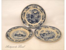 3 Plates Porcelain Montereau Lebeuf 19th Characters