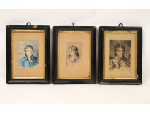 3 Portraits Watercolor Wash Wood Frame Blackened Gold Pavada 19th