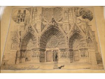 Reims Cathedral Porch engraving 20th Clauzier Sculptures