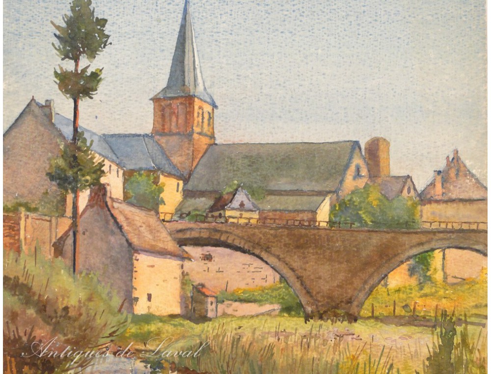 Aquarelle Paysage Village Eglise Clocher Haute Marne Biget 20e
