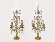 Pair Girandolles 4 burner bronze, gilt brass and cut crystal, Napoleon III nineteenth