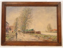 Charcoal pastel painting, Landscape with barges, boatmen and towpath, signed E. Febvre, twentieth