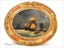 Fixed under glass painting, boats in port storm nineteenth