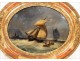Fixed under glass painting, boats in port storm nineteenth