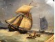 Fixed under glass painting, boats in port storm nineteenth