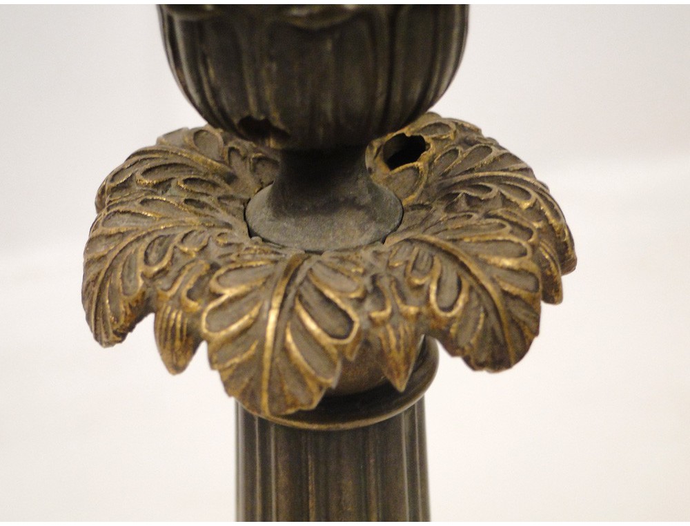 Pair of bronze candlesticks two patinas, decorated with palmettes, Restoration period,