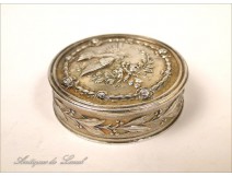 Pill Box in silver Art Nouveau flowers and bird nineteenth