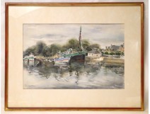 Watercolor of boats in the port of Vannes, Paul Perraudin, twentieth