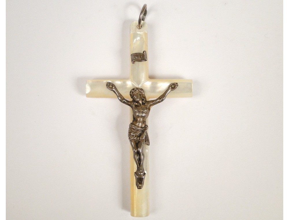 Pendentif Croix Religieux En Nacre Avec Reliquaire - Métal Blanc - Occasion