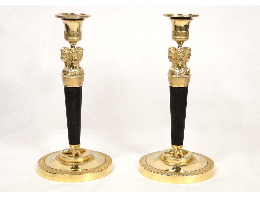 Pair candlesticks Empire gilt bronze, ancient women,