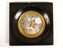 Miniature scene romantic couple and child, Legrand, XIX