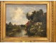 HSP washerwoman cottage landscape painting, Paul Vernon, Barbizon School, XIXth