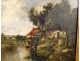 HSP washerwoman cottage landscape painting, Paul Vernon, Barbizon School, XIXth