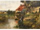 HSP washerwoman cottage landscape painting, Paul Vernon, Barbizon School, XIXth
