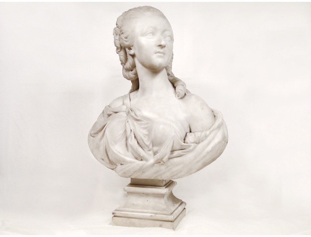 Big bust sculpture woman Madame du Barry, Carrara marble, Augustin Pajou,  18th