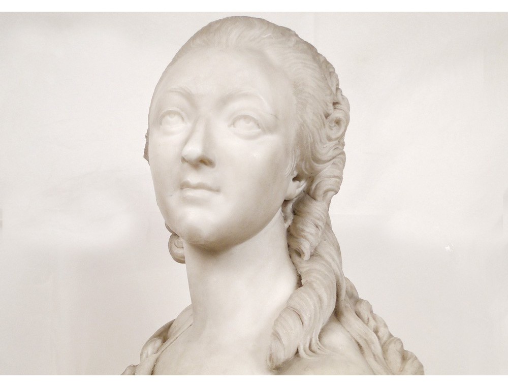 Big bust sculpture woman Madame du Barry, Carrara marble, Augustin Pajou,  18th