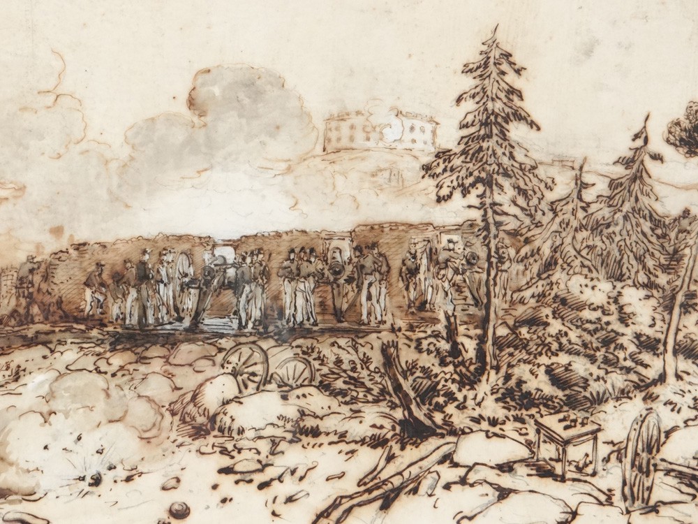 Dessin encre champ de bataille guerre soldats canon MorelFatio Empire
