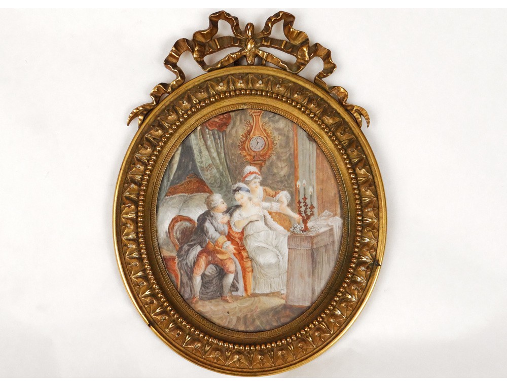 Ancienne Broche Avec Miniature Peinte D'une Scène Galante Signée FL - Occasion