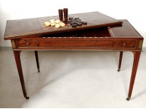 Backgammon gaming table inlaid mahogany gilt brass tokens checkered nineteenth