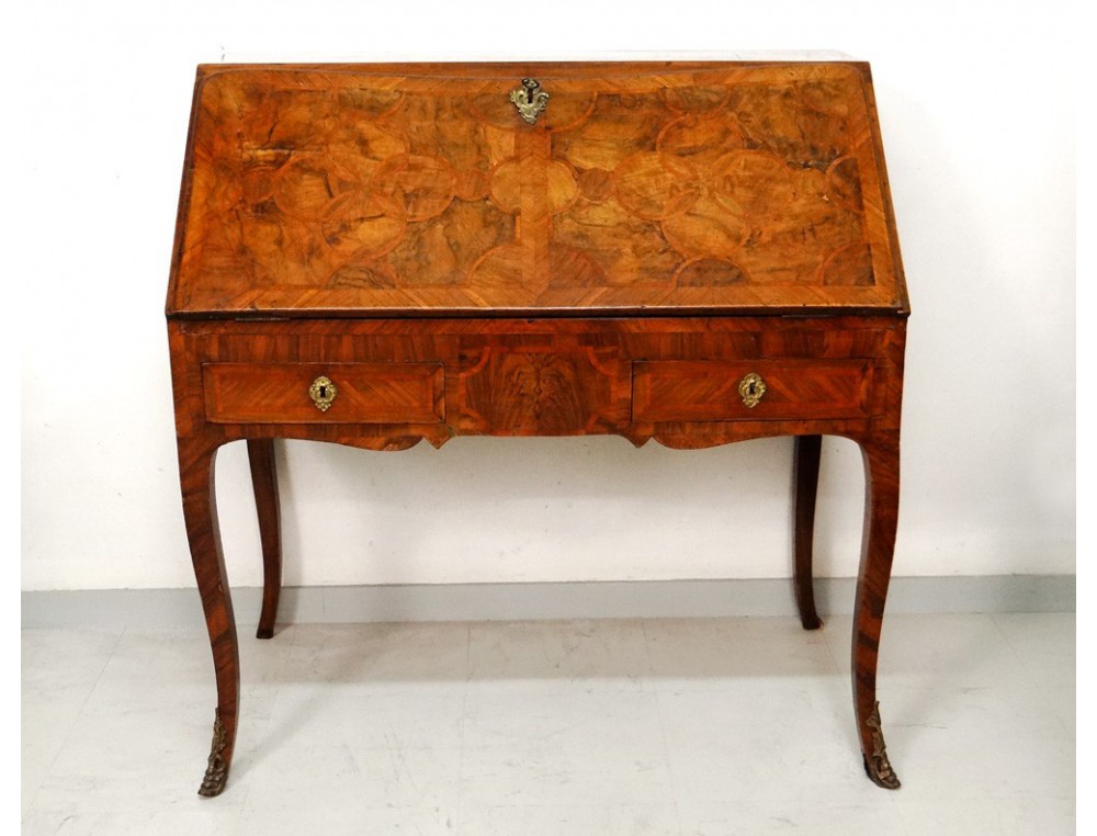 Bureau De Pente Marqueterie Noyer Bois De Rose Bronze Hache Xviiie Siecle