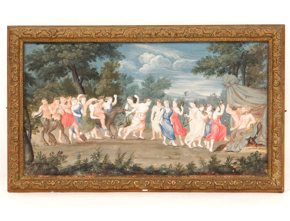 Gouache mythological satyr Pan Bacchanalia Bacchus ancient women eighteenth