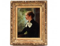 HST impressionist painting portrait young elegant woman H.Leroy nineteenth