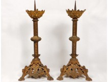 Picnic pair candles candlesticks gilt bronze dragons Gothic Napoleon III 19th