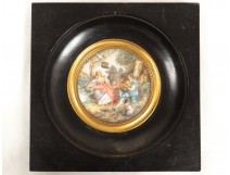 Miniature painted scene galante characters fowler dog nineteenth landscape